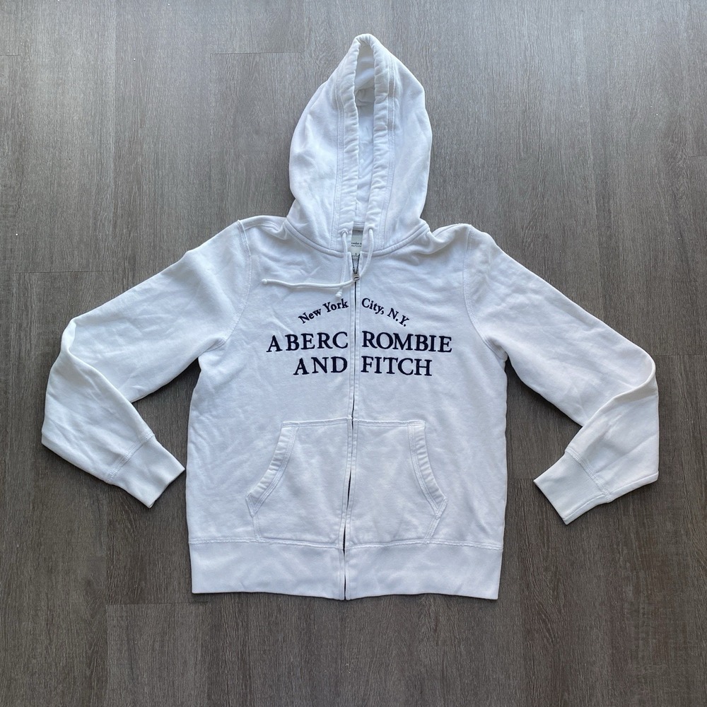 Y2K Abercrombie & Fitch White Logo‎ Zip Up Hoodie Size Small 1444